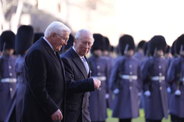 . 03 12 2025. Windsor, United Kingdom. King Charles III and Queen Camilla with the President of Germany and his wife at a ceremonial welcome at Windsor Castle on the first day of their State Visit to the United Kingdom.  xPicturexbyxxi-Imagesx xPoolx IIM-26430-0105