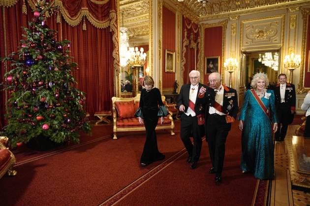 Frank-Walter Steinmeier s state visit to the UK King Charles III and Queen Camilla (right) with German President Frank-Walter Steinmeier and his wife Elke Budenbender ahead of the state banquet for the German President and his wife, at Windsor Castle, Berkshire, on day one of their state visit to the UK. Picture date: Wednesday December 3, 2025., Credit:Aaron Chown Avalon UK, Windsor  Copyright: xAaronxChownx xAvalonx 1056321759