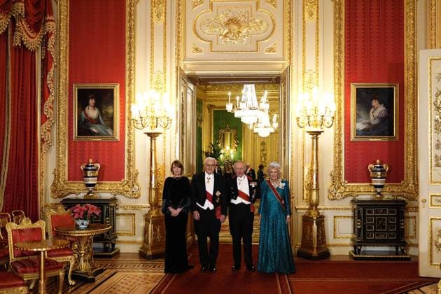 Frank-Walter Steinmeier s state visit to the UK King Charles III and Queen Camilla (right) with German President Frank-Walter Steinmeier and his wife Elke Budenbender ahead of the state banquet for the German President and his wife, at Windsor Castle, Berkshire, on day one of their state visit to the UK. Picture date: Wednesday December 3, 2025., Credit:Aaron Chown Avalon UK, Windsor  Copyright: xAaronxChownx xAvalonx 1056321816