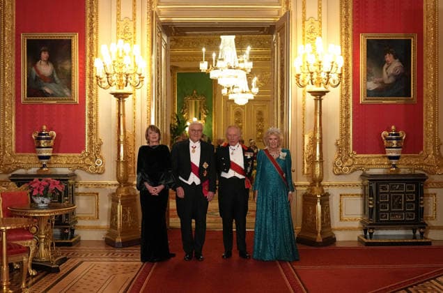 Frank-Walter Steinmeier s state visit to the UK Britain s King Charles III and his wife Britain s Queen Camilla pose with Germany s President Frank-Walter Steinmeier and his wife Elke Buedenbender pose as they arrive to attend a State Banquet at Windsor Castle in Windsor, on December 3, 2025, the first day of a three day state visit by the German President. President Frank-Walter Steinmeier received a ceremonial welcome to Britain Wednesday as his state visit got into full swing -- the first by Germany s official head of state in 27 years., Credit:CARLOS JASSO Avalon United Kingdom, England, Windsor  Copyright: xCARLOSxJASSOx xAvalonx 1056322103