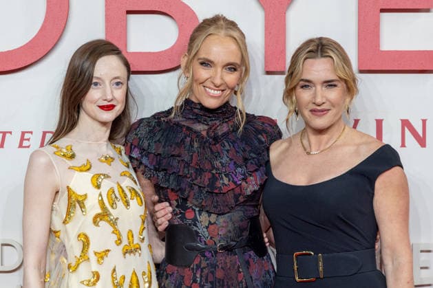 December 3, 2025, London, United Kingdom: (L-R) Andrea Riseborough, Toni Collette and Kate Winslet attend the Goodbye June World film premiere at Curzon Mayfair, London. London United Kingdom - ZUMAs197 20251203_aaa_s197_134 Copyright: xPhilxLewisx