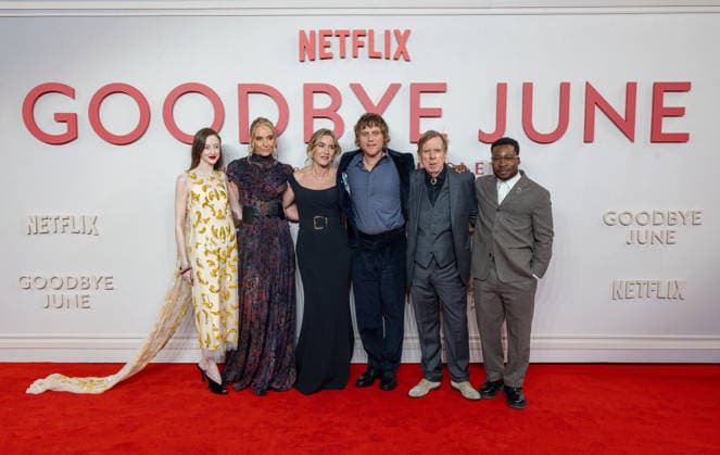 December 3, 2025, London, United Kingdom: (L-R) Andrea Riseborough, Toni Collette, Kate Winslet, Johnny Flynn, Timothy Spall and Fisayo Akinade attend the Goodbye June World film premiere at Curzon Mayfair, London. London United Kingdom - ZUMAs197 20251203_aaa_s197_143 Copyright: xPhilxLewisx