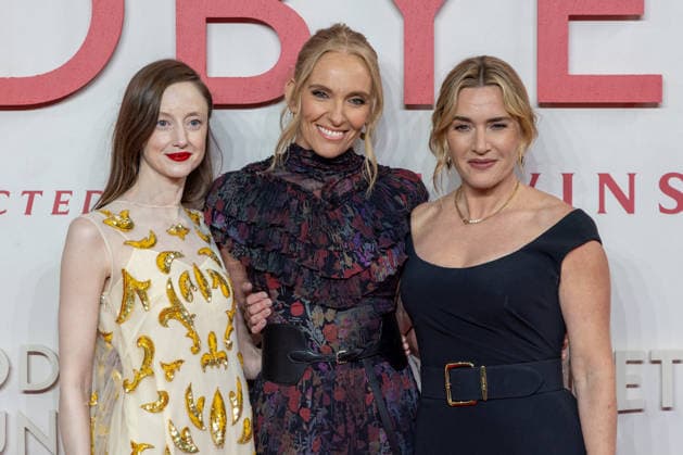 December 3, 2025, London, United Kingdom: (L-R) Andrea Riseborough, Toni Collette and Kate Winslet attend the Goodbye June World film premiere at Curzon Mayfair, London. London United Kingdom - ZUMAs197 20251203_aaa_s197_147 Copyright: xPhilxLewisx