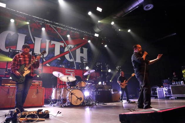 Tim Sult, Jean Paul Gaster, Dan Maines and Neil Fallon, from left, from the band Clutch at a concert at Huxleys Neue Welt in Berlin, December 3, 2025 Clutch concert Berlin