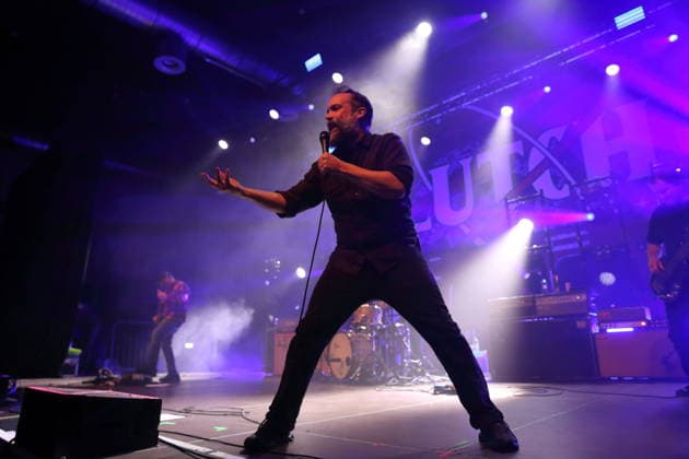 Tim Sult, Neil Fallon and Dan Maines, from left, from the band Clutch at a concert at Huxleys Neue Welt in Berlin, December 3, 2025 Clutch concert Berlin