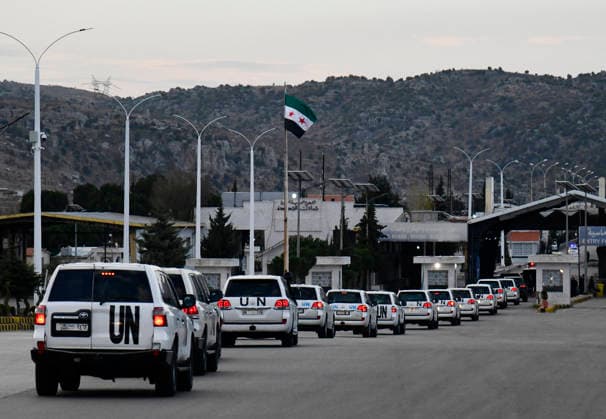 (251204) -- DAMASCUS, Dec. 4, 2025 -- A convoy of the UN Security Council delegation is seen upon entering Syria through the Lebanese border in the countryside of Damascus, Syria, Dec. 4, 2025. A United Nations Security Council (UNSC) delegation made a rare visit to Syria on Thursday, marking a high-level engagement with Syrian authorities since they took power following the ouster of former President Bashar al-Assad in December 2024. (Photo by Xinhua) SYRIA-DAMASCUS-UN-SECURITY COUNCIL-DELEGATION-VISIT AmmarxSafarjalani 