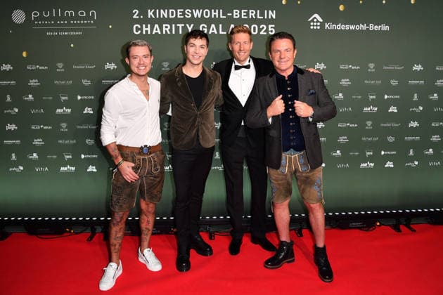 Max Weidner, Julian David, Maximilian Arland and Stefan Mross at the 2 Kindeswohl Berlin Charity Gala 2025 at the Hotel Pullman Berlin Schweizerhof in Berlin 04 12 2025