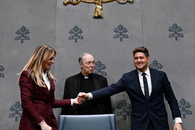 Press conference for the Concert with the Poor Press conference for the Concert with the Poor. Pictured are Don Marco Frisina, Serena Autieri, and Michael Buble. Vatican City, Dec 5th, 2025, Credit:Maria Laura Antonelli AGF Avalon Vatican, Vatican City  Copyright: xMariaxLauraxAntonelli AGFx xAvalonx 1056728776