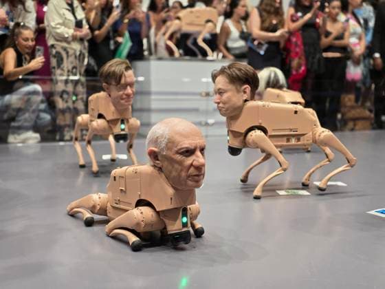 People observe the installation titled ‘Regular Animals’ at the Art Basel 2025 fair in Miami Beach, USA, 05 December 2025. American digital artist Beeple released a pack of robotic dogs with hyperrealistic heads of tech moguls and art legends such as Elon Musk, Jeff Bezos, Andy Warhol, Pablo Picasso, and Mark Zuckerberg. Robotic dogs with the faces of Musk, Bezos, and Picasso steal the show at Art Basel !ACHTUNG: NUR REDAKTIONELLE NUTZUNG!  Copyright: xAlbertoxBoalx USA6963 20251206-55018752281_1