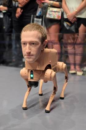 Photograph showing a robot dog with the face of Meta CEO Mark Zuckerberg at the installation titled ‘Regular Animals’ at the Art Basel 2025 fair in Miami Beach, USA, 05 December 2025. American digital artist Beeple released a pack of robotic dogs with hyperrealistic heads of tech moguls and art legends such as Elon Musk, Jeff Bezos, Andy Warhol, Pablo Picasso, and Mark Zuckerberg. Robotic dogs with the faces of Musk, Bezos, and Picasso steal the show at Art Basel !ACHTUNG: NUR REDAKTIONELLE NUTZUNG!  Copyright: xAlbertoxBoalx USA6970 20251206-55018752285_1