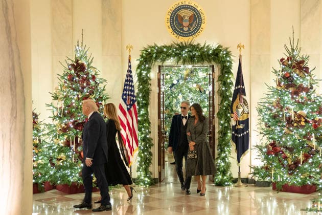 President Trump and First Lady attend Andrea Bocelli Concert President Donald Trump, First Lady Melania Trump, Andrea Bocelli, and Enrica Cenzatti walk toward the East Room for a concert by Andrea Bocelli at the White House on Friday December 5, 2025 in Washington, DC. (Photo by Leigh Vogel Pool ABACAPRESS.COM) Washington DC  Copyright: xPool ABACAx