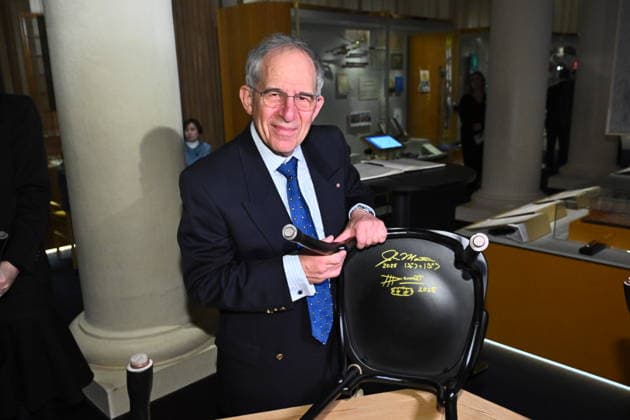 Michel H Devoret, laureate in physics, signs the Nobel chairs at the Nobel Museum in Stockholm, Sweden, December 6, 2025 STOCKHOLM SWEDEN x10090x  Copyright: xClaudioxBresciani TTx NOBEL CHAIRS ARE SIGNED BY THE PRIZE WINNERS srfGP6uSTr8