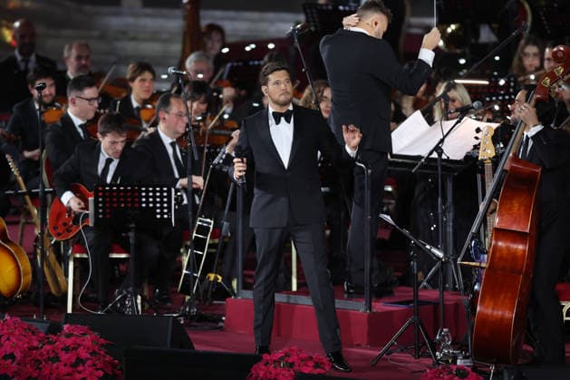 Vatican City, Italy - December 6, 2025: Michael Steven Buble performs in concert before the Pope. Pope Leo XIV attends the concert for the poor with Canadian singer Michael Steven Buble and Serena Autieri held in the Paul VI Hall in the Vatican.  Copyright: xmarcoxiacobuccix xipa-agency.netx xmarcoxiacobuccix IPA_Agency_IPA68834440