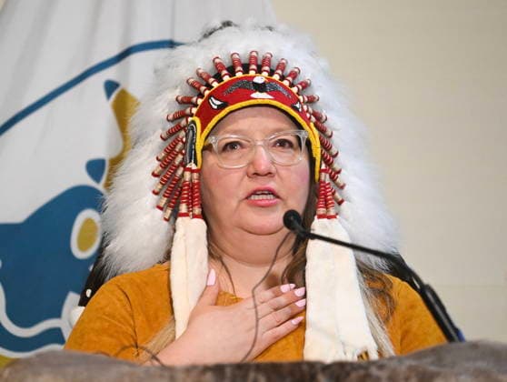December 6, 2025, Montreal, Pq, Canada: Assembly of First Nations National Chief Cindy Woodhouse Nepinak speaks during a press conference at Trudeau Airport in Montreal, Saturday, December 6, 2025, after 62 indigenous artifacts and cultural items were returned by the Vatican. Montreal Canada  - ZUMAc35_ 20251206_zaf_c35_053 Copyright: xGrahamxHughesx