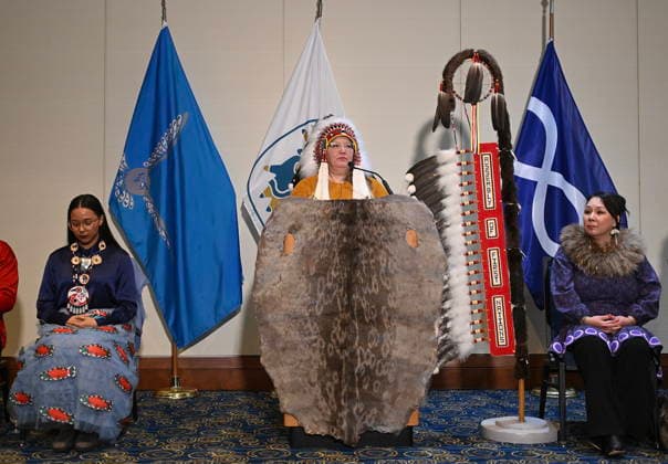 December 6, 2025, Montreal, Pq, Canada: Assembly of First Nations National Chief Cindy Woodhouse Nepinak speaks during a press conference at Trudeau Airport in Montreal, Saturday, December 6, 2025, after 62 indigenous artifacts and cultural items were returned by the Vatican. Montreal Canada  - ZUMAc35_ 20251206_zaf_c35_068 Copyright: xGrahamxHughesx