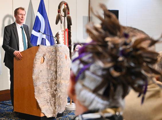 December 6, 2025, Montreal, Pq, Canada: Minister of Canadian Identity and Culture Marc Miller speaks during a press conference at Trudeau Airport in Montreal, Saturday, December 6, 2025, after 62 indigenous artifacts and cultural items were returned by the Vatican. Montreal Canada  - ZUMAc35_ 20251206_zaf_c35_072 Copyright: xGrahamxHughesx