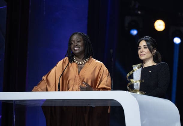 22nd International Marrakech Film Festival MARRAKECH, MOROCCO – DECEMBER 6: French-Tunisian director Erige Sehiri (R), who won the Etoile d Or Award for her film Promised Sky, and Senegalese-French actress Aïssa Maiga (L) deliver speeches during the 22nd International Marrakech Film Festival awards ceremony on December 6, 2025, in Marrakech, Morocco. Abu Adem Muhammed Anadolu Marrakech Morocco. Editorial use only. Please get in touch for any other usage.  Copyright: x2025xAnadoluxAbuxAdemxMuhammedx