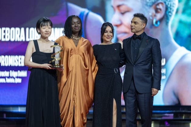 22nd International Marrakech Film Festival MARRAKECH, MOROCCO – DECEMBER 6: Canadian director Celine Song (L), Senegalese-French actress Aissa Maiga (2nd L), French-Tunisian director Erige Sehiri (3rd L) and Iranian actor Payman Maadi (R) pose on stage during the 22nd International Marrakech Film Festival awards ceremony on December 6, 2025, in Marrakech, Morocco. Abu Adem Muhammed Anadolu Marrakech Morocco. Editorial use only. Please get in touch for any other usage.  Copyright: x2025xAnadoluxAbuxAdemxMuhammedx