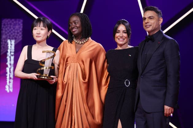 L R Celine Song, Aïssa Maïga, Erige Sehiri and Payman Maadi pose on stage after receiving the Étoile D Or award for the film Promised Sky during attends the Closing Ceremony during the 22nd Marrakech International Film Festival Marrakech, Morocco 06 12 2025 451320 2025 12 06 MARRAKECH Maroc  Copyright: xRomualdxMeigneuxx xStarfacex STAR_451320_059
