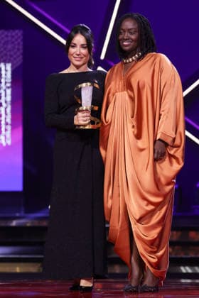 Erige Sehiri and Aïssa Maïga pose on stage after receiving the Etoile D Or for the film Promised Sky during the Closing Ceremony during the 22nd Marrakech International Film Festival Marrakech, Morocco 06 12 2025 451320 2025 12 06 MARRAKECH Morocco  Copyright: xRomualdxMeigneuxx xStarfacex STAR_451320_060