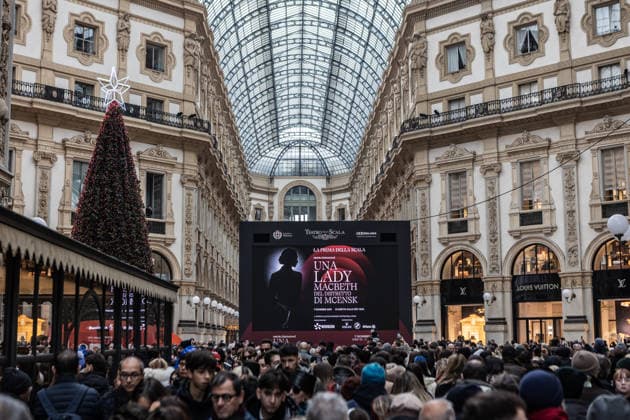Protests accompany the opening of Italy’s world-famous La Scala opera season MILAN, ITALY – DECEMBER 7: Advertisements for the Teatro alla Scala premiere are displayed inside the Galleria Vittorio Emanuele before the premiere in Milan, Italy, on December 7, 2025. Teatro alla Scala is one of the most famous theaters in the world, and the opera that opens the season is Lady Macbeth of the Mtsensk District by Dmitry Dmitrievich Shostakovich. High-ranking officials from the city, the state, and Italy s social, economic, and cultural circles are in attendance. Andrea Carrubba Anadolu Milan Italy. Editorial use only. Please get in touch for any other usage.  Copyright: x2025xAnadoluxAndreaxCarrubbax