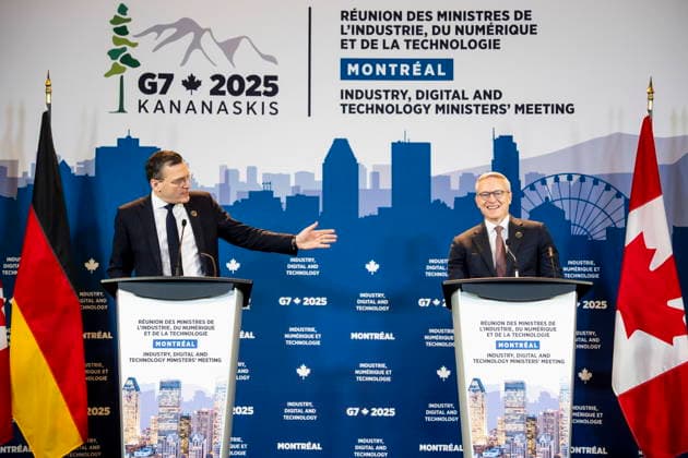 December 8, 2025, Montreal, Pq, CANADA: Canada s Minister of Artificial Intelligence and Digital Innovation Evan Solomon, left, and Germany s Minister for Digital Transformation and Government Modernization Karsten Wildberger hold a joint press conference during the G7 Industry, Digital and Technology MinistersöÄÃ Meeting, in Montreal on Monday, Dec. 8, 2025. Montreal CANADA - ZUMAc35_ 20251208_zaf_c35_024 Copyright: xChristopherxKatsarovx