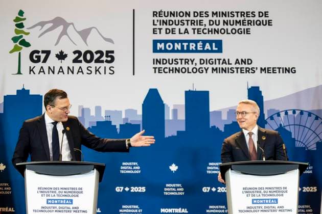 December 8, 2025, Montreal, Pq, CANADA: Canada s Minister of Artificial Intelligence and Digital Innovation Evan Solomon, left, and Germany s Minister for Digital Transformation and Government Modernization Karsten Wildberger hold a joint press conference during the G7 Industry, Digital and Technology MinistersöÄÃ Meeting, in Montreal on Monday, Dec. 8, 2025. Montreal CANADA - ZUMAc35_ 20251208_zaf_c35_025 Copyright: xChristopherxKatsarovx