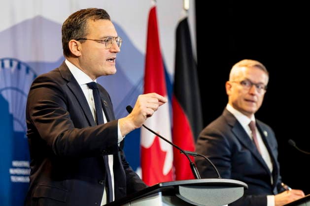 December 8, 2025, Montreal, Pq, CANADA: Canada s Minister of Artificial Intelligence and Digital Innovation Evan Solomon, left, and Germany s Minister for Digital Transformation and Government Modernization Karsten Wildberger hold a joint press conference during the G7 Industry, Digital and Technology MinistersöÄÃ Meeting, in Montreal on Monday, Dec. 8, 2025. Montreal CANADA - ZUMAc35_ 20251208_zaf_c35_026 Copyright: xChristopherxKatsarovx