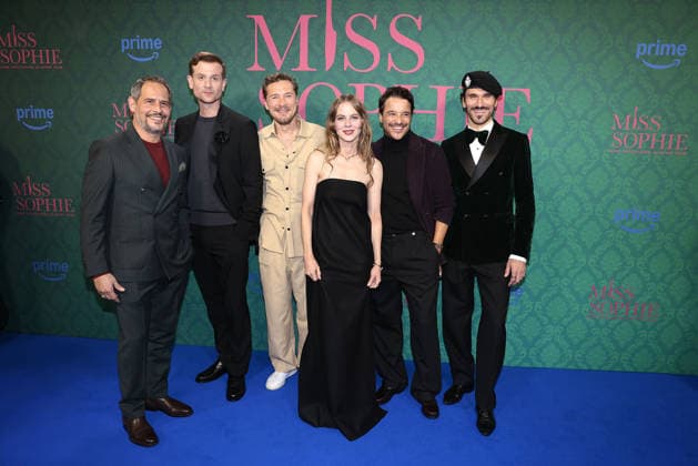 Moritz Bleibtreu, Christoph Schechinger, Jacob Matschenz, Alicia von Rittberg, Kostja Ullmann and Vladimir Korneev at the premiere of the series Miss Sophie Same Procedure As Every Year Amazon Prime on 8 12 2025 at Claerchens Ballhaus in Berlin Miss Sophie series premiere in Berlin