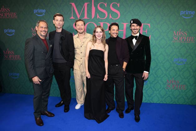 Moritz Bleibtreu, Christoph Schechinger, Jacob Matschenz, Alicia von Rittberg, Kostja Ullmann and Vladimir Korneev at the premiere of the series Miss Sophie Same Procedure As Every Year Amazon Prime on 8 12 2025 at Claerchens Ballhaus in Berlin Miss Sophie series premiere in Berlin