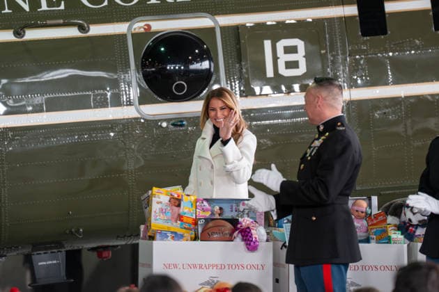 December 8, 2025, Quantico, Virginia, USA: First Lady MELANIA TRUMP waves as she walks out to speak at a Toys for Tots event at Marine Corps Base Quantico. Quantico USA - ZUMAs365 20251208_znp_s365_011 Copyright: xJoeyxSussmanx