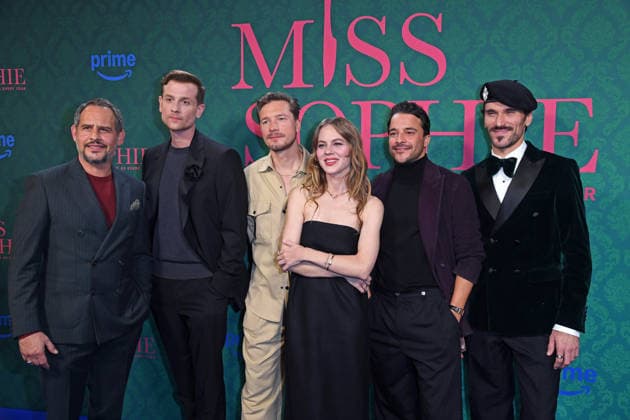 Moritz Bleibtreu, Christoph Schechinger, Jacob Matschenz, Alicia von Rittberg, Kostja Ullmann, Vladimir Korneev at the premiere of the Prime Video series MISS SOPHIE SAME PROCEDURE AS EVERY YEAR at Clärchens Ballhaus in Berlin on 08 12 2025
