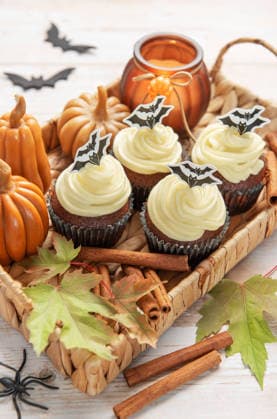 Festive chocolate cupcakes with cream cheese frosting and bat toppers for a halloween party Model Released OlenaRudo_ID32502_1107425_013 Copyright: xOlenaxRudox