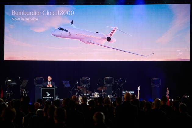 December 8, 2025, Mississauga, On, Canada: Bombardier president and CEO Eric Martel speaks as the new Bombardier Global 8000 high-speed business jet is presented at an event celebrating its entry-into-service at the company s aircraft assembly centre in Mississauga, Ont., on Monday, Dec. 8, 2025. Mississauga Canada  - ZUMAc35_ 20251208_zaf_c35_097 Copyright: xSammyxKoganx