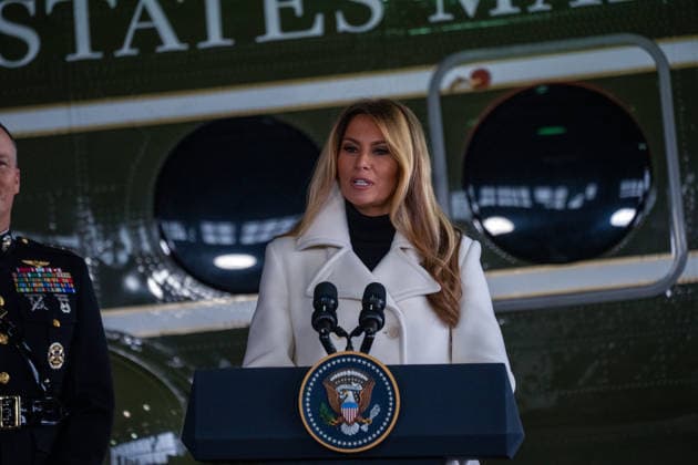 December 8, 2025, Quantico, Virginia, USA: The First Lady MELANIA TRUMP joins Lieutenant General Leonard F. Anderson, US Marine Corps Reserve, and Santa Claus at the annual Toys for Tots Charity Drive at Marine Corps Base Quantico on December 8, 2025. The First Lady helped sort toys, write Christmas cards, and took selfies with children from Marine Corps Base Quantico. Quantico United States - ZUMAl312 20251208_new_l312_024 Copyright: xAndrewxLeydenx