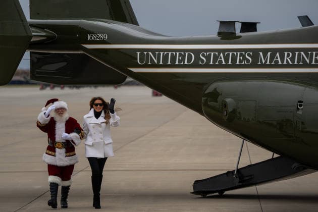 December 8, 2025, Quantico, Virginia, USA: The First Lady MELANIA TRUMP joins Lieutenant General Leonard F. Anderson, US Marine Corps Reserve, and Santa Claus at the annual Toys for Tots Charity Drive at Marine Corps Base Quantico on December 8, 2025. The First Lady helped sort toys, write Christmas cards, and took selfies with children from Marine Corps Base Quantico. Quantico United States - ZUMAl312 20251208_new_l312_025 Copyright: xAndrewxLeydenx