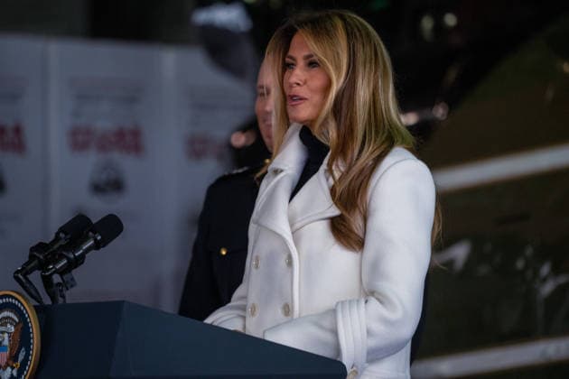 December 8, 2025, Quantico, Virginia, USA: The First Lady MELANIA TRUMP joins Lieutenant General Leonard F. Anderson, US Marine Corps Reserve, and Santa Claus at the annual Toys for Tots Charity Drive at Marine Corps Base Quantico on December 8, 2025. The First Lady helped sort toys, write Christmas cards, and took selfies with children from Marine Corps Base Quantico. Quantico United States - ZUMAl312 20251208_new_l312_045 Copyright: xAndrewxLeydenx