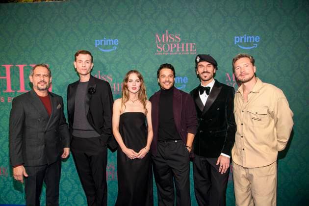 ABBberlin Moritz Bleibtreu, Christoph Schechinger, Alicia von Rittberg, Kostja Ullmann, Vladimir Korneev and Jacob Matschenz actors on the blue carpet at the cinema premiere of the Amazon prime series of MISS SOPHIE SAME PROCEDURE AS EVERY YEAR at Claerchens Ballhaus on 08 12 2025 Berlin Berlin Germany