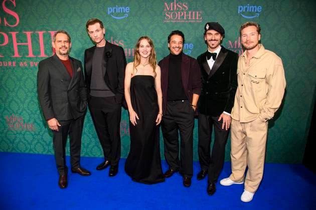 ABBberlin Moritz Bleibtreu, Christoph Schechinger, Alicia von Rittberg, Kostja Ullmann, Vladimir Korneev and Jacob Matschenz actors on the blue carpet at the cinema premiere of the Amazon prime series of MISS SOPHIE SAME PROCEDURE AS EVERY YEAR at Claerchens Ballhaus on 08 12 2025 Berlin Berlin Germany