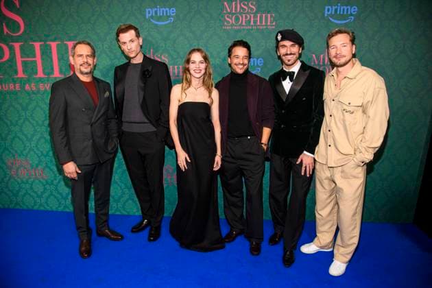 ABBberlin Moritz Bleibtreu, Christoph Schechinger, Alicia von Rittberg, Kostja Ullmann, Vladimir Korneev and Jacob Matschenz actors on the blue carpet at the cinema premiere of the Amazon prime series of MISS SOPHIE SAME PROCEDURE AS EVERY YEAR at Claerchens Ballhaus on 08 12 2025 Berlin Berlin Germany