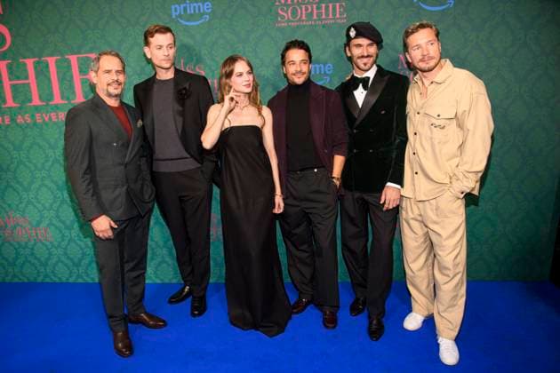 ABBberlin Moritz Bleibtreu, Christoph Schechinger, Alicia von Rittberg, Kostja Ullmann, Vladimir Korneev and Jacob Matschenz actors on the blue carpet at the cinema premiere of the Amazon prime series of MISS SOPHIE SAME PROCEDURE AS EVERY YEAR at Claerchens Ballhaus on 08 12 2025 Berlin Berlin Germany