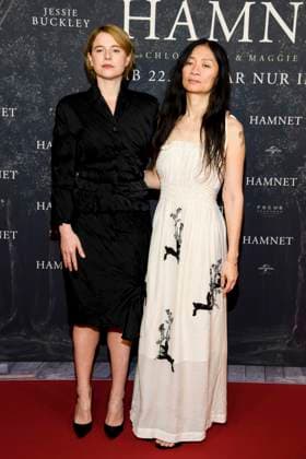 ABBberlin Jessie Buckley Irish actress with Chloe Zhao Chinese film director, guest on the red carpet at the German premiere of the movie Hamnet at Delphi Filmpalast on 08 12 2025 in Berlin Berlin Germany
