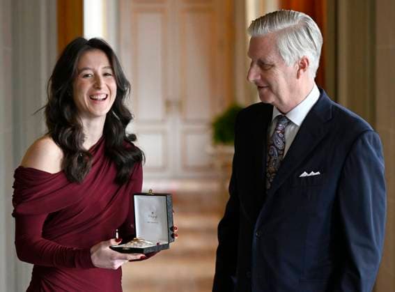 King Philippe presents Nina Derwael with the insignia of Grand Officer of the Order of Leopold BRUSSELS, BELGIUM - DECEMBER 09 : King Philippe presents Nina Derwael with the insignia of Grand Officer of the Order of Leopold. This honorary distinction crowns the exceptional career of the famous Belgian gymnast, notably her titles of Olympic champion (1x), world champion (2x) and European champion (4x) on the uneven bars and balance beam on December 9, 2025 in Brussels, Belgium, 09 12 2025 Brussels Belgium  Copyright: xDidierxLebrunx