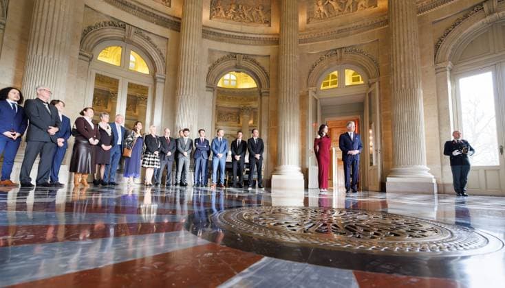 Former gymnast Nina Derwael and King Philippe - Filip of Belgium pictured during a ceremony to award the Order of Leopold (Grootofficier in de Leopoldsorde - Grand Officier de l Ordre de Leopold) distinction, at the Royal Castle in Laken - Laeken, Brussels, on Tuesday 09 December 2025. Today the honorary order of knighthood is awarded to retired gymnast Derwael, the 2020 Olympic champion, two-time World champion, and three-time European champion.  BENOITxDOPPAGNE 147611886