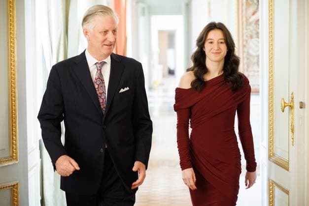 King Philippe - Filip of Belgium and Former gymnast Nina Derwael pictured ahead of a ceremony to award the Order of Leopold (Grootofficier in de Leopoldsorde - Grand Officier de l Ordre de Leopold) distinction, at the Royal Castle in Laken - Laeken, Brussels, on Tuesday 09 December 2025. Today the honorary order of knighthood is awarded to retired gymnast Derwael, the 2020 Olympic champion, two-time World champion, and three-time European champion.  BENOITxDOPPAGNE 147616074