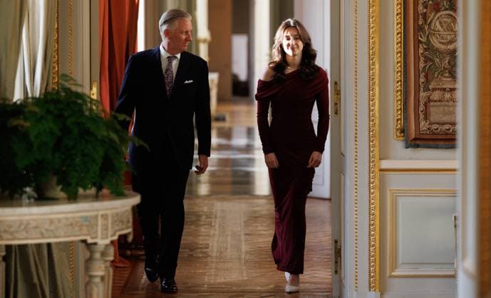 King Philippe - Filip of Belgium and Former gymnast Nina Derwael pictured ahead of a ceremony to award the Order of Leopold (Grootofficier in de Leopoldsorde - Grand Officier de l Ordre de Leopold) distinction, at the Royal Castle in Laken - Laeken, Brussels, on Tuesday 09 December 2025. Today the honorary order of knighthood is awarded to retired gymnast Derwael, the 2020 Olympic champion, two-time World champion, and three-time European champion.  BENOITxDOPPAGNE 147616160