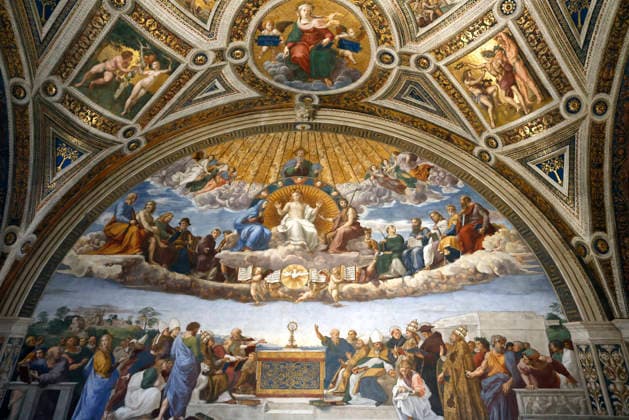 Vatican Museums. The Disputation of the Blessed Sacrament by Raphael. The Trinity. God, Christ, between the Blessed Virgin and Saint John the Baptist, and the Holy Spirit. The patriarchs and prophets of the Old Testament. Rome Italy