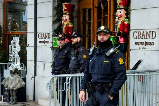Nobel Peace Prize 2025 Oslo 20251209 Police outside the Grand Hotel in Oslo on Tuesday afternoon The Venezuelan opposition leader Maria Corina Machado is awarded the prize for her tireless work to secure democratic rights for the people of Venezuela, and  Copyright: xHeikoxJungex xNTBx