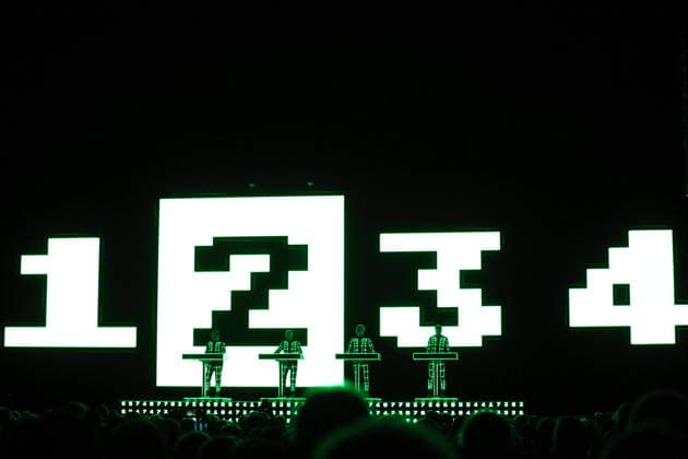 Ralf Hütter, Henning Schmitz, Falk Grieffenhagen and Georg Bongartz, from left, from the band Kraftwerk at a concert in the Uber Eats Music Hall in Berlin, December 9, 2025 Kraftwerk concert Berlin