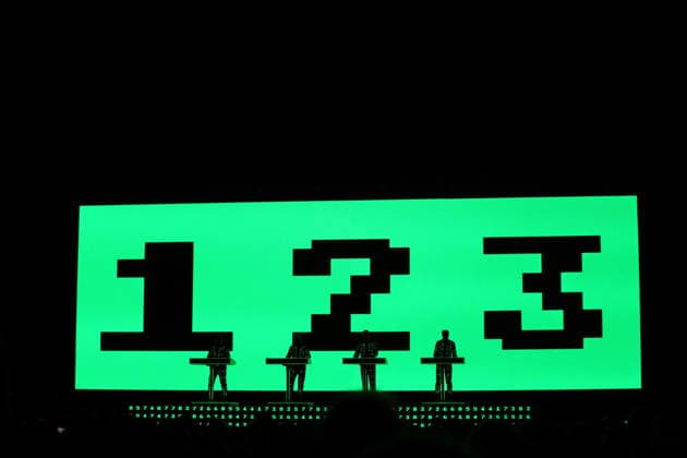 Ralf Hütter, Henning Schmitz, Falk Grieffenhagen and Georg Bongartz, from left, from the band Kraftwerk at a concert in the Uber Eats Music Hall in Berlin, December 9, 2025 Kraftwerk concert Berlin
